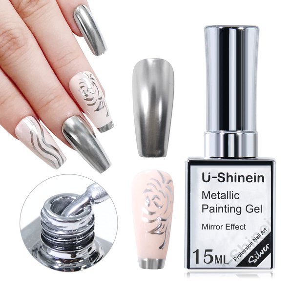 U-Shinein 15ml Metal Paintied Gel, Silver Upgrade Metallic Painting Gel Mirror Nail Polish, 3D Drawing Mirror Nail Gel Polish Glossy Soak Off UV/LED DIY Nail Art Manicure