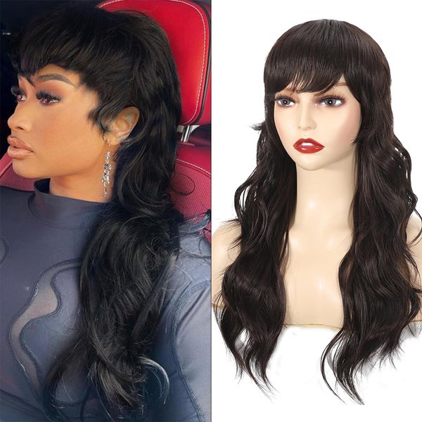 Daiaces Dark Brown Mullet Wig for Women Long Wavy Wig with Bangs Synthetic Cosplay Costume Wig for Women Girls