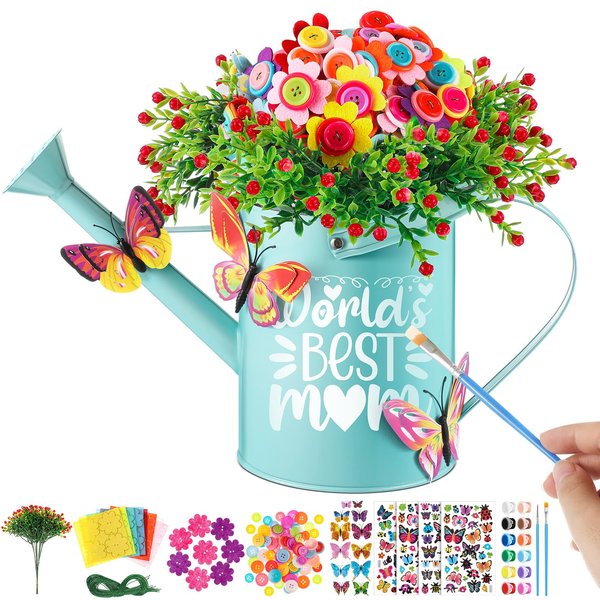 Juexica Make Your Own Flower Bouquet with Buttons and Felt Flowers DIY Art and Craft Garden Gifts for Mom Mint Metal Watering Can for Plant Lover Christmas Birthday Gift for Mom from Daughter and Son
