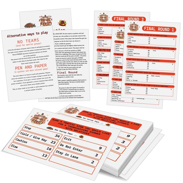 Thanksgiving Friendly Feud Game, Family Feud Quiz, Family Feud Baby Shower Game, Thanksgiving Party Game for Family Activity Favors Supplies-12 Question Cards and 3 Final Rounds Cards-03