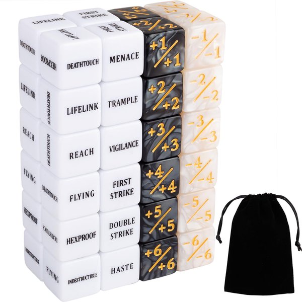 48 Pieces Abilities Keywords Counter Dice Plus One MTG Dice Counters Creature Stats Buff Tokens Dice Set for Magic The Gathering, MTG, TCG, Card Games Accessories