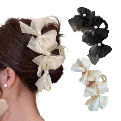 Bow Claw Clips 2Pcs Hair Bow Clip Black White Hair Clips Big Claw Clips for Thick Hair Glossy Barrette Hair Claw Clips for Women Girls Hair Styling Accessories