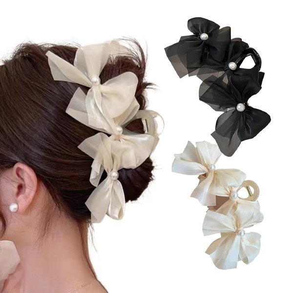 Bow Claw Clips 2Pcs Hair Bow Clip Black White Hair Clips Big Claw Clips for Thick Hair Glossy Barrette Hair Claw Clips for Women Girls Hair Styling Accessories