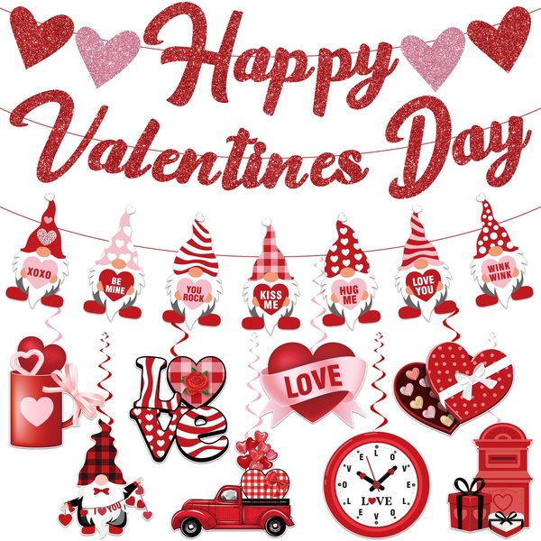 Valentines Day Decorations, NO-DIY Valentines Party Decorations Includes Glitter Happy Valentines Day Banner, Valentines Day Party Supplies Hanging Swirls, Valentines Hanging Decorations for Office