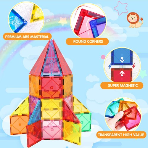Magnetic Tiles Building Blocks for 3 4 5 6 7 8+ Years Old Boys Girls Colorful Magnet Stacking Toys Birthday Gift for Toddlers STEM Preschool Educational Construction Tiles Set for Kids (Colorful)