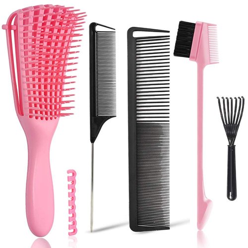 EZ Detangler Brush with Edge Brush, Rat Tail Combs Set for Natural, Curly, Wet/Dry, Black Hair, Flex Detangling Brush set for Hair Style and Cuting, No Pain and Easy Clean in Daily Use（Pink + Black)