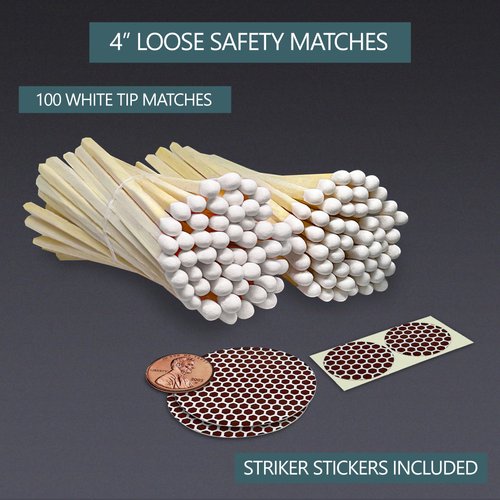4" Classic White Tip Matches (100 Count, with Striking Stickers Included) | Decorative Unique & Fun for Your Home, Gifts, Accessories & Events | Premium Long Wood Safety Matches by Thankful Greetings