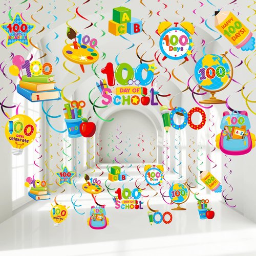 30 Pcs 100 Days of School Hanging Swirls, Colorful Happy 100th Day of School Foil Swirls Ceiling Decorations for Kids Kindergarten Preschool Primary High School Party Supplies Decor (Mixed Style)