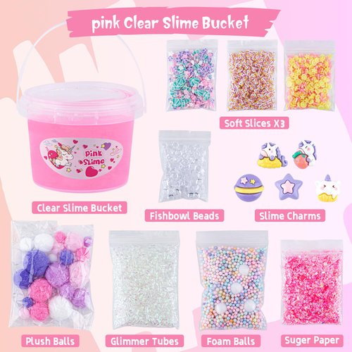 10 FL OZ Unicorn Slime Kit, Pink Clear Slime Bucket, Slime Party Favors for Kids, Glimmer Crunchy Slime Includes 9 Packs of Slime Add-ins, Stress Relief Slime Kit for Girls and Boys Ages 8-12