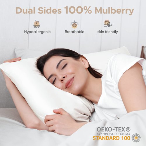 100% Pure Mulberry Silk Pillowcase for Hair and Skin - Allergen Resistant Dual Sides,600 Thread Count Silk Bed Pillow Cases with Hidden Zipper,1pc,Queen Size,Ivory