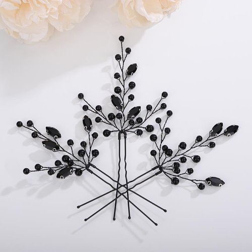 Teyglen 3pcs Crystal Pearl Bridal Hair Pins Black Pearl Bride Wedding Hair Pins Set for Bride Wedding Hair Accessories Handmade Black Pearl Hair Pieces for Women Bridesmaid Girls (Black)