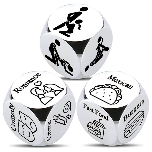 Funny Date Night Dice Anniversary Wedding Gifts for Him Her Valentines Engagement Christmas Bride Shower Gifts for Boyfriend Girlfriend Foodie Steel Dice Ideas (3PCS(Food+Time+Move))