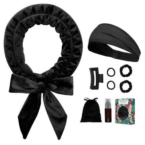 Gwabee No Heat Curling Headband, 70" Soft Hair Curlers to Sleep In Overnight Curls Headband, No Heat Hair Curler Ribbon Curl Wrap for Long Hair Rollers, 9 PCS Curling Rods Set with Yoga Strap -Black