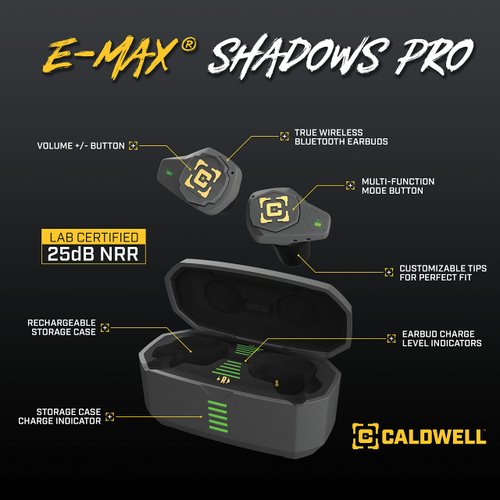 Caldwell E-MAX Shadows Pro - Electronic Hearing Protection with Ambient Sound Amplification, Bluetooth, Rechargeable Case for Shooting, Range