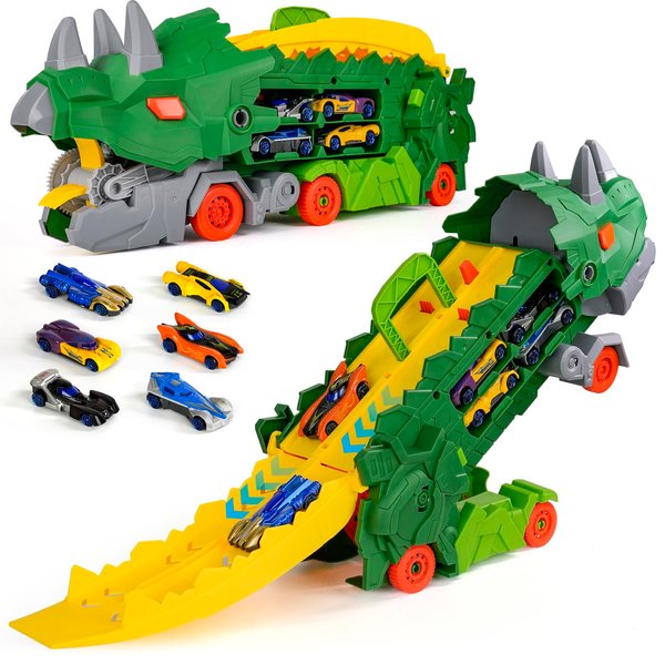 Dinosaur Ultimate Hauler Transport Track Truck Toys for Ages 5-7,Transforms Into Standing Triceratops with Track and 8 Series Die-Cast Race Cars,3 4 5 6 7 Year Old Boy Birthday Gift (Purple)