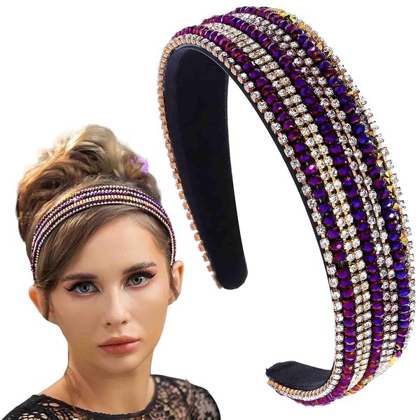 Hermoli Rhinestone Fashion Headband Beads Crystal Padded Wide Hairband Purple Beaded Glitter Shine for Daily Wear Night Party for Women Girls