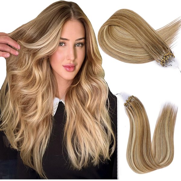 MioYio Microlink Hair Extensions Human Hair D7/60 Blonde Brown, Micro link Hair Extensions Human Hair, Microlink Hair Extensions, Microlink Extensions，Microlink Extensions Human 22inch 30g/Pack