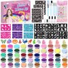 TEUVO Glitter Tattoo Kit for Kids, 50 Glitter Colors, 199 Stencils, 2 Gem Stickers, 4 Glue, 5 Brushes Body Face Arts Glitter Makeup Temporary Tattoos for Girls Halloween Christmas Birthday Party Gifts