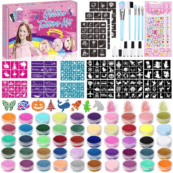 TEUVO Glitter Tattoo Kit for Kids, 50 Glitter Colors, 199 Stencils, 2 Gem Stickers, 4 Glue, 5 Brushes Body Face Arts Glitter Makeup Temporary Tattoos for Girls Halloween Christmas Birthday Party Gifts