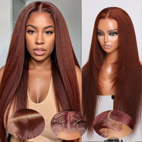 Julia Hair 12A Bye Bye Knots Glueless Wig Reddish Brown Yaki Straight Virgin Human Hair Pre Cut 7x5 HD Lace Front Wigs Invisible Knots Pre Plucked Pre Bleached Auburn Copper Wig 150% Density 22 Inch