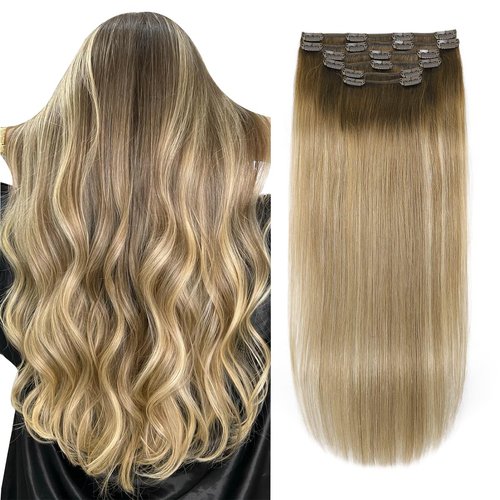 XDhair Hair Extensions Human Hair Clip in Hair Extensions 14 Inch 6pcs 100g Balayage Color 3 Darker Brown to 8 Ash Brown and 22 Golden Blonde Double Drown Clip in Hair Extensions(14”, 3/8/22)