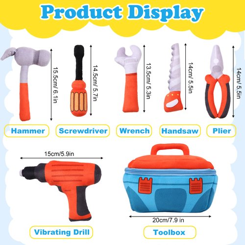 7 Pcs My 1st Toolbox Playset Stuffed Construction Tools Plush Toy Including Drill, Screwdriver, Handsaw, Hammer, Wrench, Plier and Zippered Tool Box for Toddlers Kids Christmas Birthday Party Favor