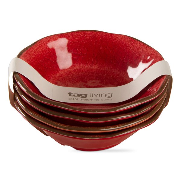 tag 10 oz. 7 in. Veranda Cracked Glazed Solid Red Wavy Edge Melamine Plastic Dinnerware Bowls Set of 4 Dishwasher Safe Indoor Outdoor Round Red Bowl Set of 4 Red