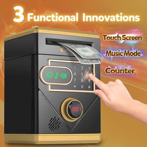 Refasy Piggy Bank,Electronic Money Bank Cash Coin Can for Kids Password Money Saving Box ATM Bank with Music Touchscreen Coin Bank Kids Toys Best Gifts for Girls Boys Age 8 9 10 11 12(Black)