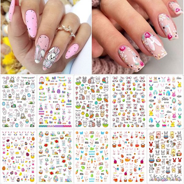 10 Sheets Easter Nail Art Stickers 3D Easter Nail Decals Cute Bunny Nail Stickers Self Adhesive Easter Egg Chick Carrot Rabbit Nail Decals Spring Manicure Design Nail Stickers for Women Kids Girls