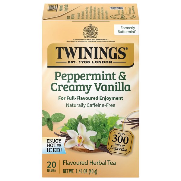 Twinings of London Tea Herbal Buttermint, Caffeine Free Peppermint Tea Blend with Natural Mint and Vanilla Flavor, 20 Individually Wrapped Tea Bags 