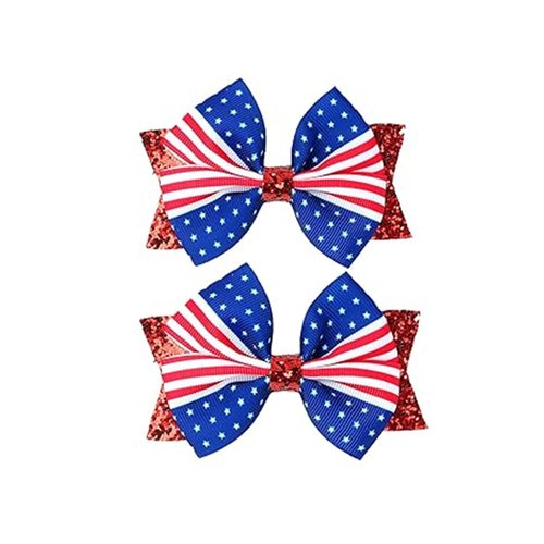 4th of July American Flag Glitter Hair Bow Clips, Blue White Red Hairpin Bow, Kids Girls Women Hair Barrette Hair Accessories. (DL11-Blue White Red)
