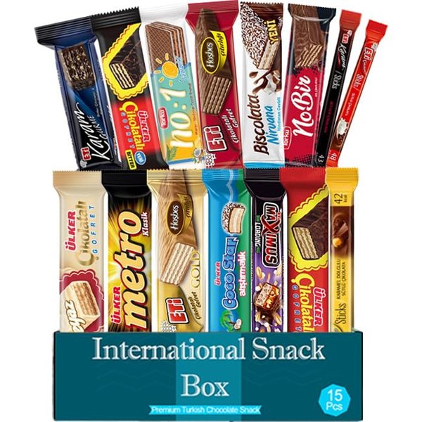 International Snack Box, Premium 15 Full-Size Chocolate Bars and Snack Box, Exotic Turkish Snacks, Gift box welcome box