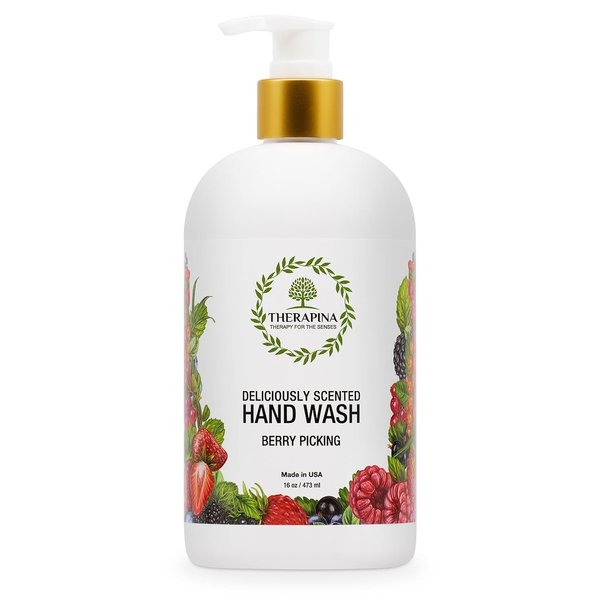 THERAPINA Aromatherapy Luxury Liquid Hand Soap – Vegan, Moisturizing Hand Wash with Aloe Vera, Botanical Oils, Berry Picking Scent – Fancy Liquid Hand Soap for Bathrooms, Kitchen, More, 16 Oz.