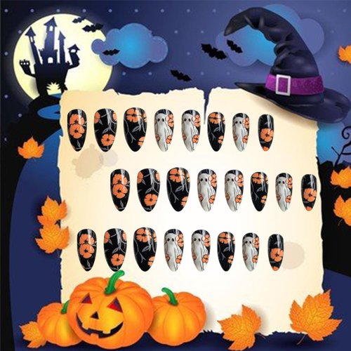 Halloween Press on Nails Medium Almond Nails Cute Ghost False Nails Orange Flower Design Black Halloween Nail Artificial Acrylic Nails Full Cover Coffin Nails Halloween Glue on Nails for Women