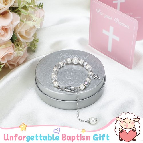 Haull 5 Pcs Baptism Gifts for Girls Include 8.5 Inch Plush Lamb Pray Card with Gift Box Baptism Bracelet with Keepsake Box Dedication Gifts for First Communion Christening Baby Girls Shower Supplies