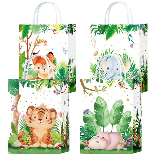 16Pieces Safari Goodie Bags Jungle Animals Party Favor Bags with Handles Zoo Animals Print Candy Bags Woodland Present Bags for Birthday Jungle Themed Party Supplies