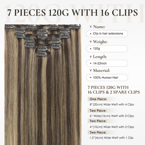 EYEFULL STELL Human Hair Extensions Clip in 18 inch 120g 7PCS Straight Natural Clip ins Real Remy 100% Human Hair Extensions Chocolate Brown To Caramel Blonde Double Weft Thick Layered Clip on Hair