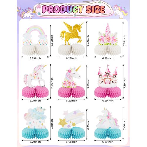 Adeyoo 9 PCS Unicorn Rainbow Honeycomb Centerpieces,Unicorn Centerpiece for Table Birthday Party Decorations Pastel Table Topper Centerpiece for Girls Princess Theme Birthday Baby Shower Party Decor