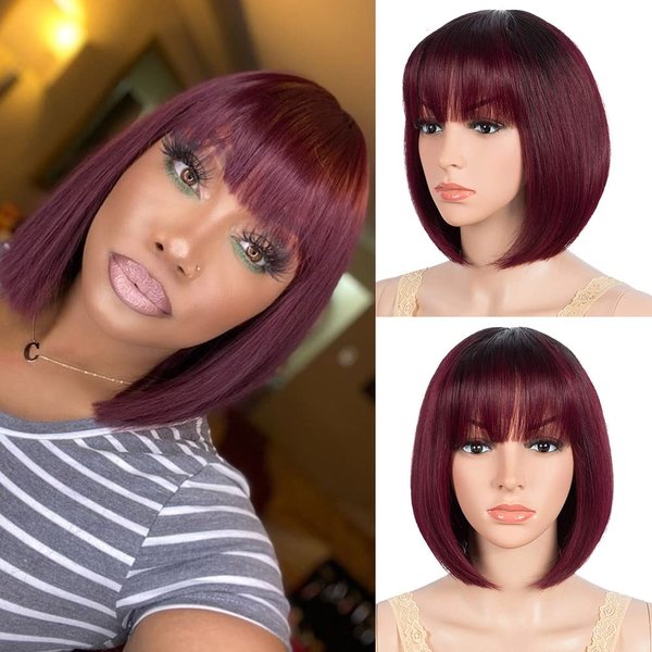 JOEDIR HAIR Bob Human Hair Wig with Bangs for Black Women Short Straight Hair 8 Inch Ombre Red Glueless Machine Made Short Bob Wigs (8", TT1B/99J)