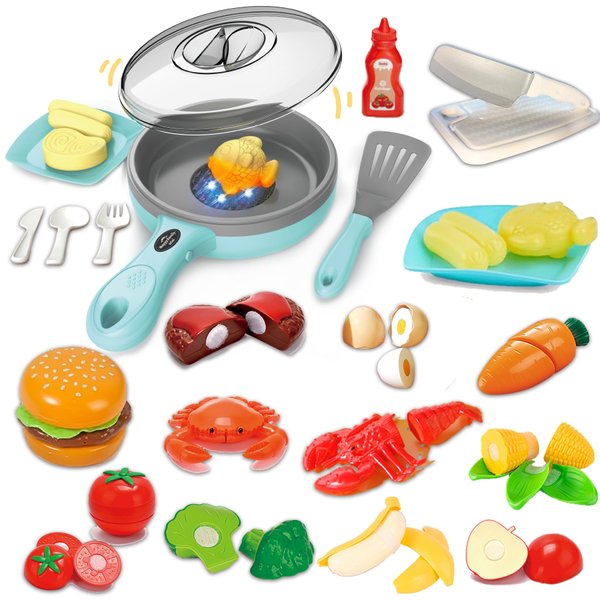 Kids Play Kitchen Accessories with Light & Sound, Play Food Set for Kids Kitchen, Pretend Food Play Toys with Pots & Pans,Kitchen Toys with 11pcs Cutting Toy Food, Gifts for 3 4 5 Years Old Girls Boys