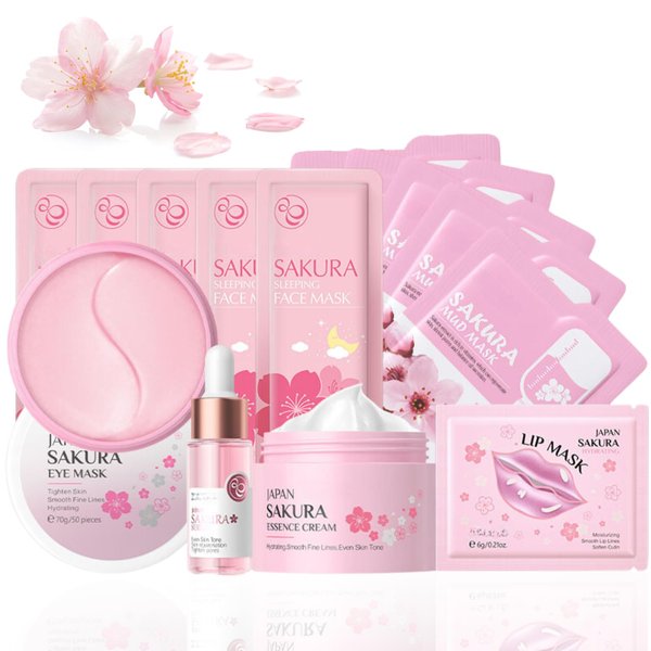 Sakura Skin Care Set, Women Gift Sets, Skin Care Kit with Face Cream, Face Serum, Eye Mask, Lip Mask, 5Pcs Face Sleeping Mask & 5Pcs Face Mud Mask, Skin Care Routine Kit for Women