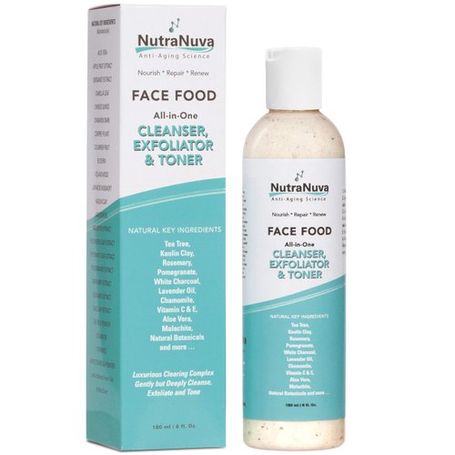 NutraNuva Face Food – Cleanser, Exfoliator & Toner All-in-One – Clear Skin Natural Vegan Facial Wash, Tea Tree & Clay, Gentle Clean Anti Aging, Not Drying/Oily, Restore pH, Fight Acne, 6 Oz
