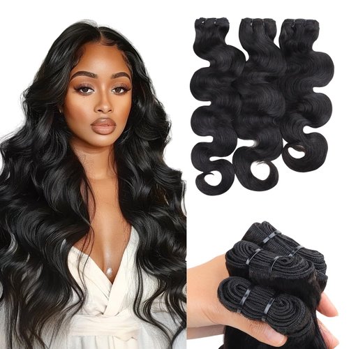 Lashey Human Hair Bundles Body Wave 3 Bundles 16 18 20 Inches 100% Virgin Human Hair Bundles Soft and Bouncy Double Weft Body Wave Bundles Human Hair Extensions Natural Black