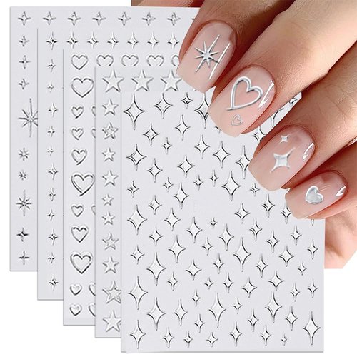 5pcs 3D Star Nail Stickers Mirror Metallic Silver Nail Stickers for Women Nail Art Stickers Hollow Out Heart Nail Decals for Nail Art Supplies Self-Adhesive Stickers for Nails Y2k Nail Accessories