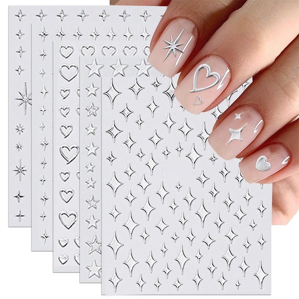 5pcs 3D Star Nail Stickers Mirror Metallic Silver Nail Stickers for Women Nail Art Stickers Hollow Out Heart Nail Decals for Nail Art Supplies Self-Adhesive Stickers for Nails Y2k Nail Accessories