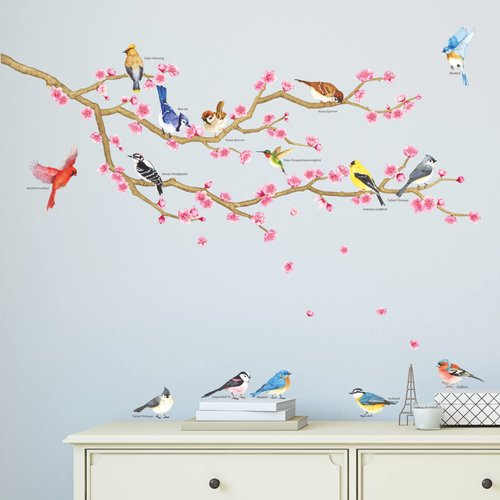 DECOWALL DWL-2009 Garden Birds and Cherry Blossom Wall Stickers Wall Decals Peel and Stick Removable Wall Stickers for Kids Nursery Bedroom Living Room d?cor