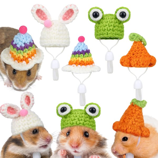 4 Pieces Hamster Hat Mini Small Animals Hat with Adjustable Strap Lovely Hand Knitted Frog Rainbow Carrot Tiny Hats for Lizard Guinea Pig Reptile Christmas Holiday Party Clothes Costume Accessories