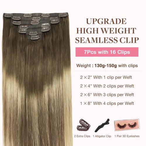 GOO GOO 150g 7pcs Seamless Clip in Hair Extensions Balayage Walnut Brown to Medium Brown and Bleach Blonde Hair Extensions 20 Inch Remy Thick Hair Extensions PU Clip in Hair Extensions for Women
