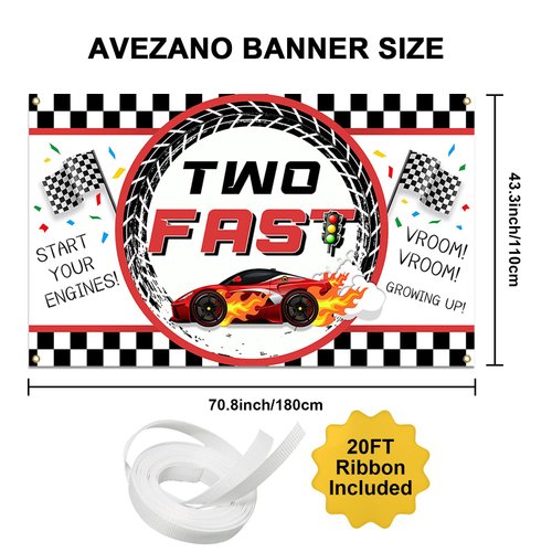 Avezano Two Fast Birthday Banner Red Race Car 2nd Birthday Party Decorations Background Two Fast Birthday Backdrop for Boys Children Second Birthday 70.8 x 43.3 Inch