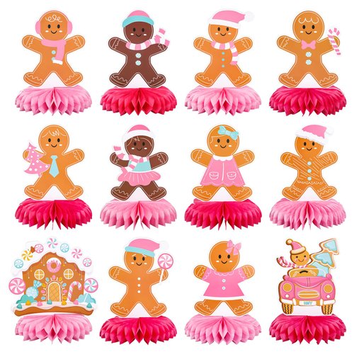 Whaline 12Pcs Christmas Honeycomb Centerpieces Pink Gingerbread Man Honeycomb Decor Xmas 3D Table Decoration for Holiday Birthday Baby Shower Party Supplies